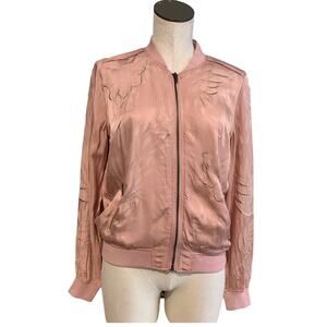 blanknyc women silky embroidered bomber jacket pink sz small full zipper